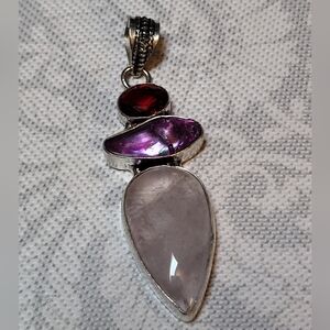 Elegant Rose Quartz Amethyst Garnet Gemstone 925 Sterling Silver Pendant